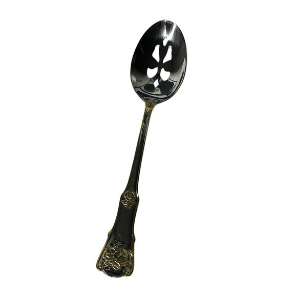 Royal Albert OLD COUNTRY ROSES Stainless Slotted Serving Spoon Gold Flatware - Picture 1 of 5